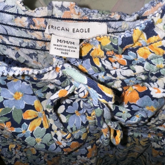 AEO Blue Yellow Floral Smocked Prairie Off the Shoulder Long Sleeve Mini Dress M - Picture 4 of 5